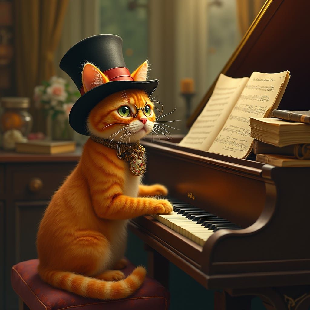 Steampunk Cat Pianist in Cozy Music Room