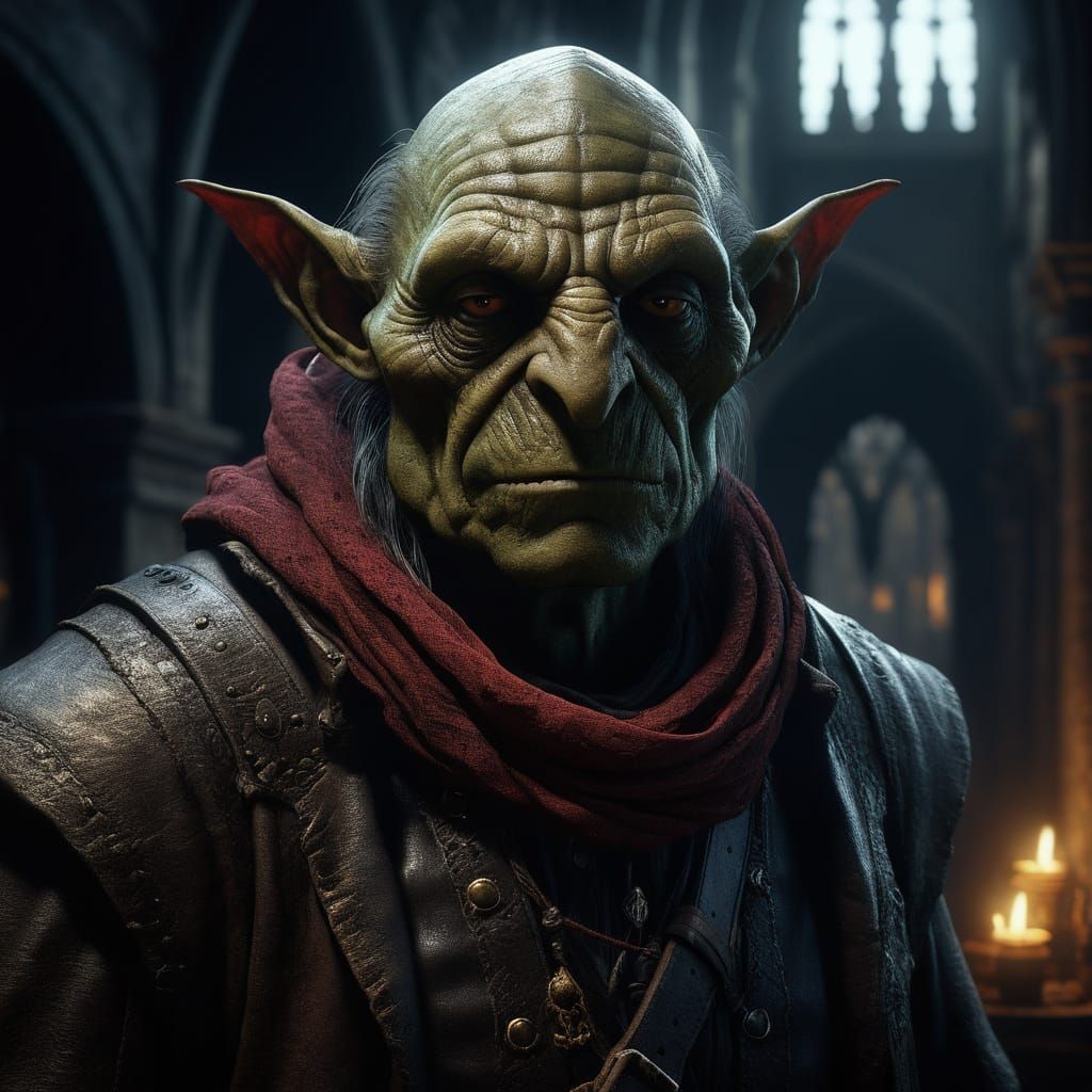 Gothic Goblin Merchant Portrait in Intricate Leather Armor