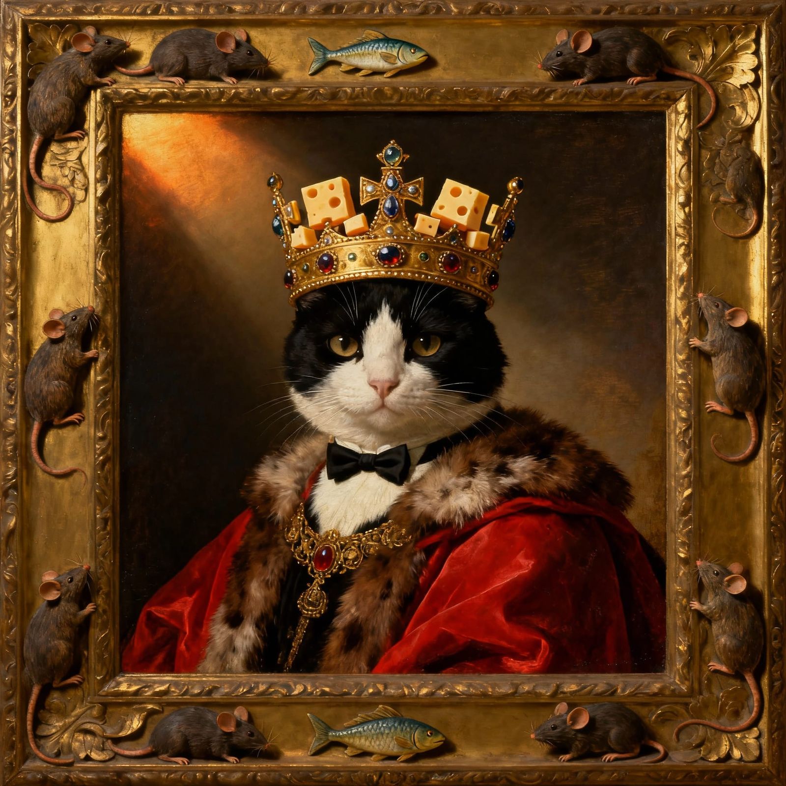 Regal Tuxedo Cat Crowned in Jewels, Renaissance Style