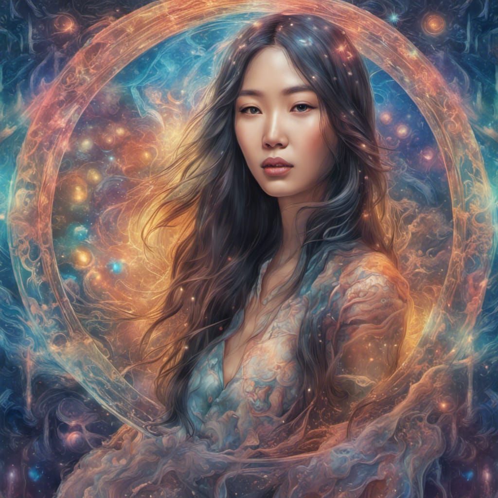 Asian Woman Reflected: Holographic Cosmic Illustration