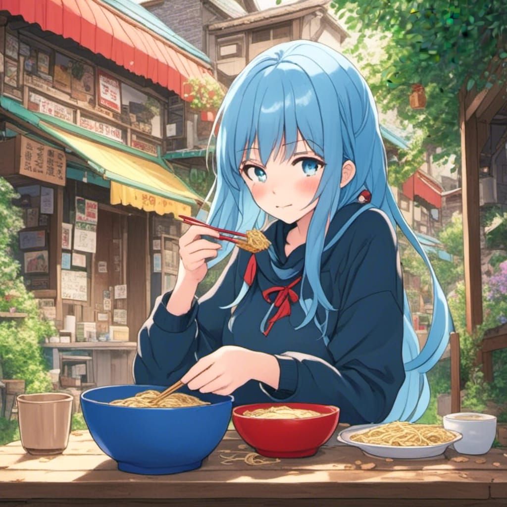 Blue-Haired Girl Eating Ramen: Studio Ghibli Anime