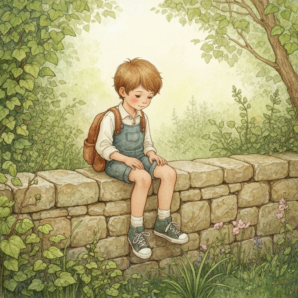 Whimsical Boy on Stone Wall, Watercolor Style