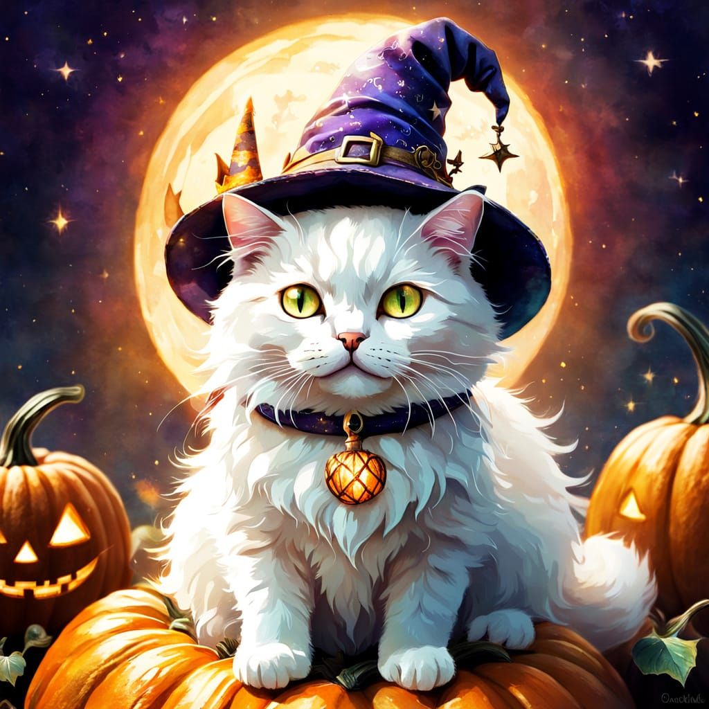 White Cat in Wizard Hat: Whimsical Watercolor Art