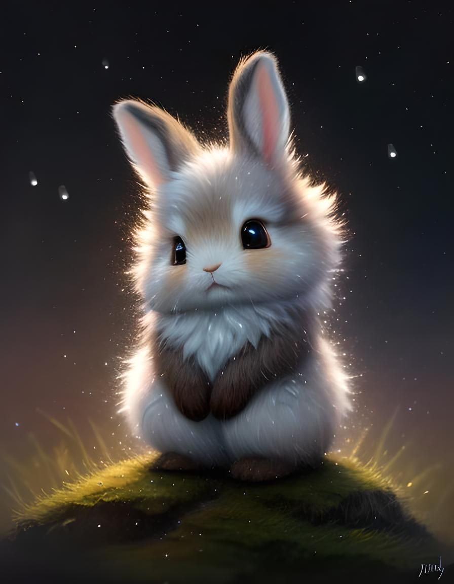Cute Fluffy Bunny Plays in Rainy Fantasy Landscape