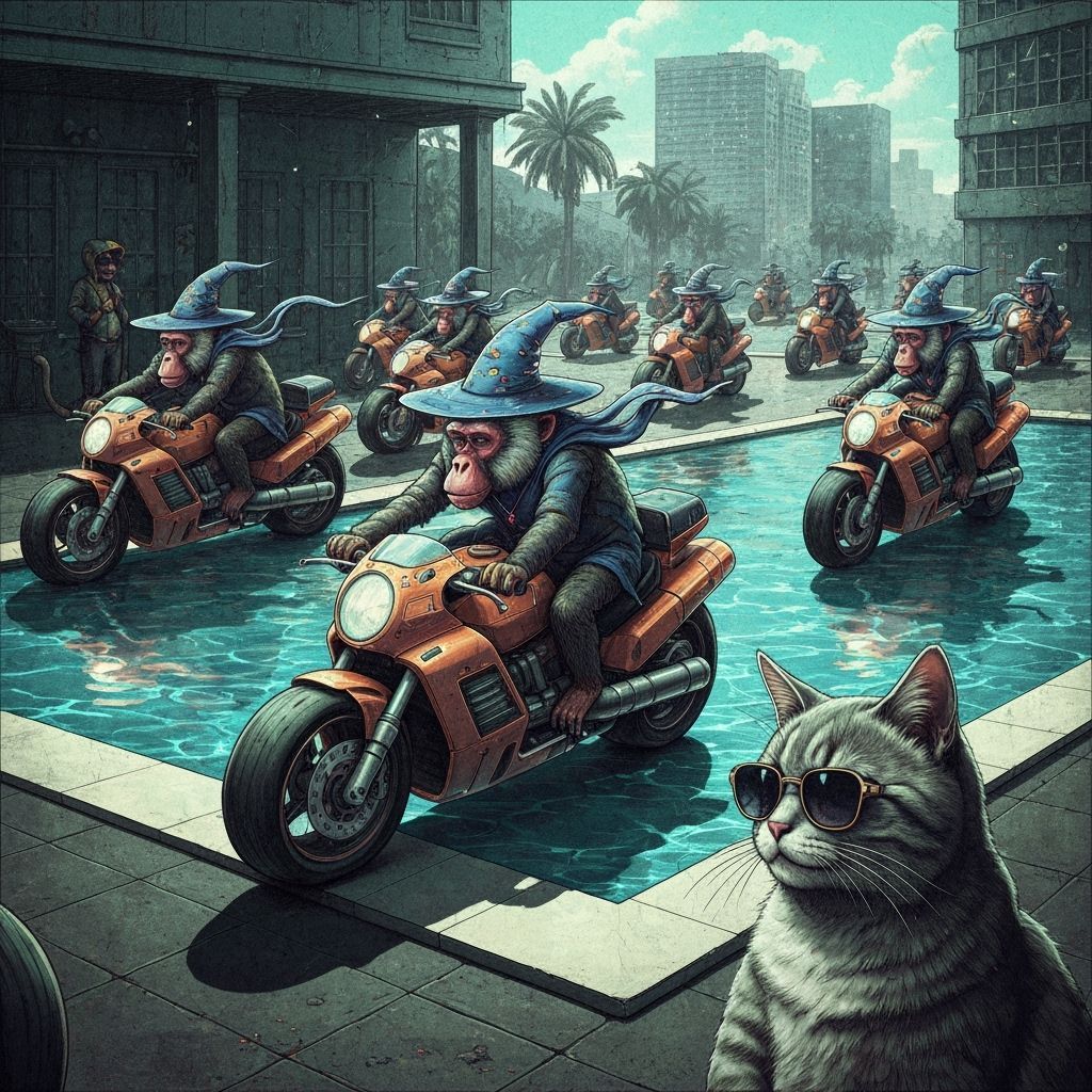 Wizard Baboons on Futuristic Bikes with Cat