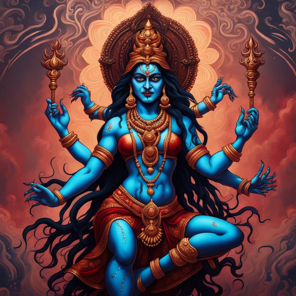 Fierce Goddess Kali Standing on Shiva