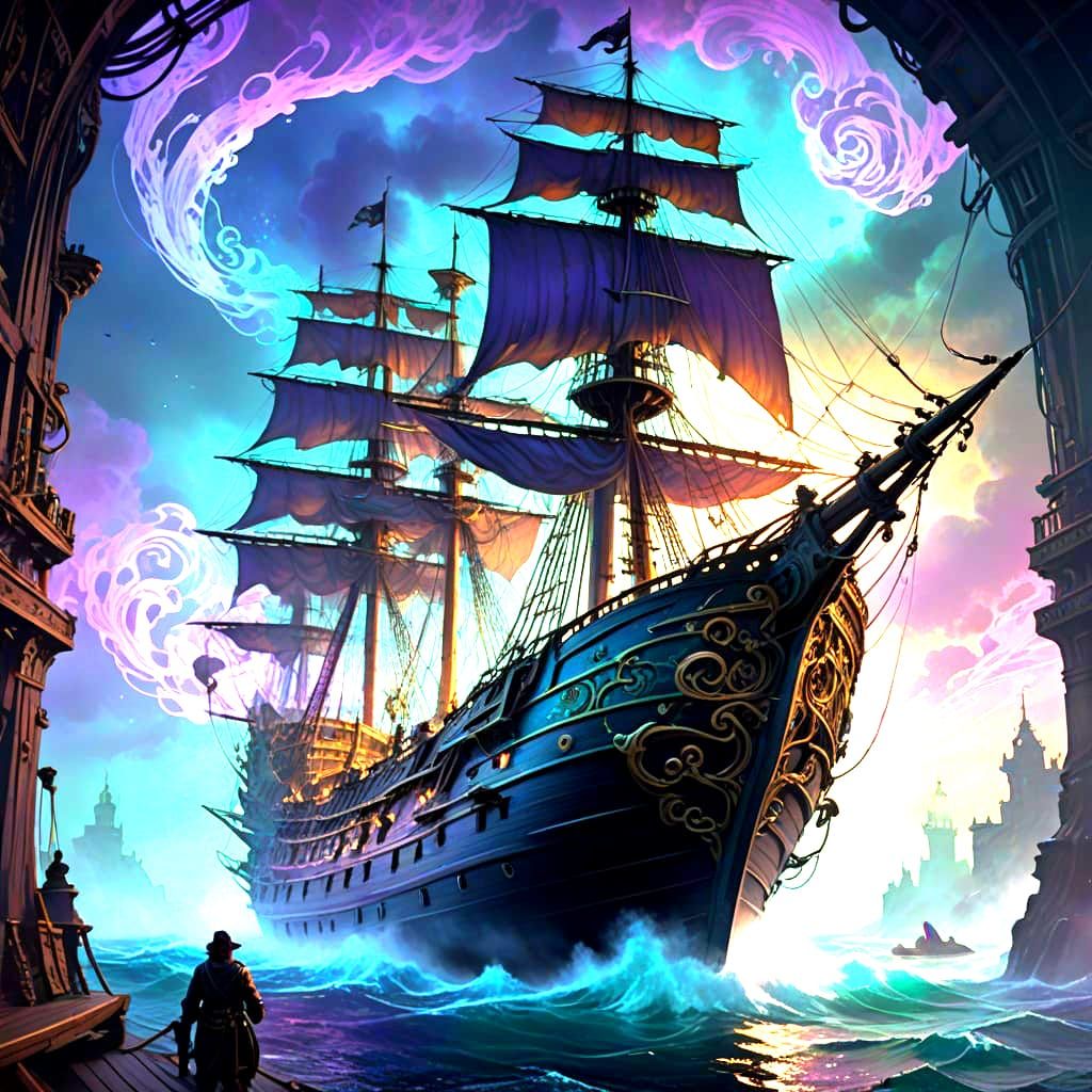 Epic Skeleton Pirate on a Flying Ghost Ship in Vibrant Color...