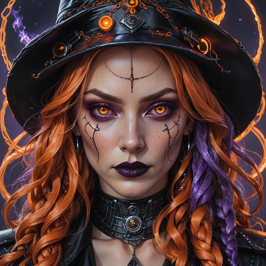 Cyberpunk Witch Summons Fire Magic in Hyperrealism