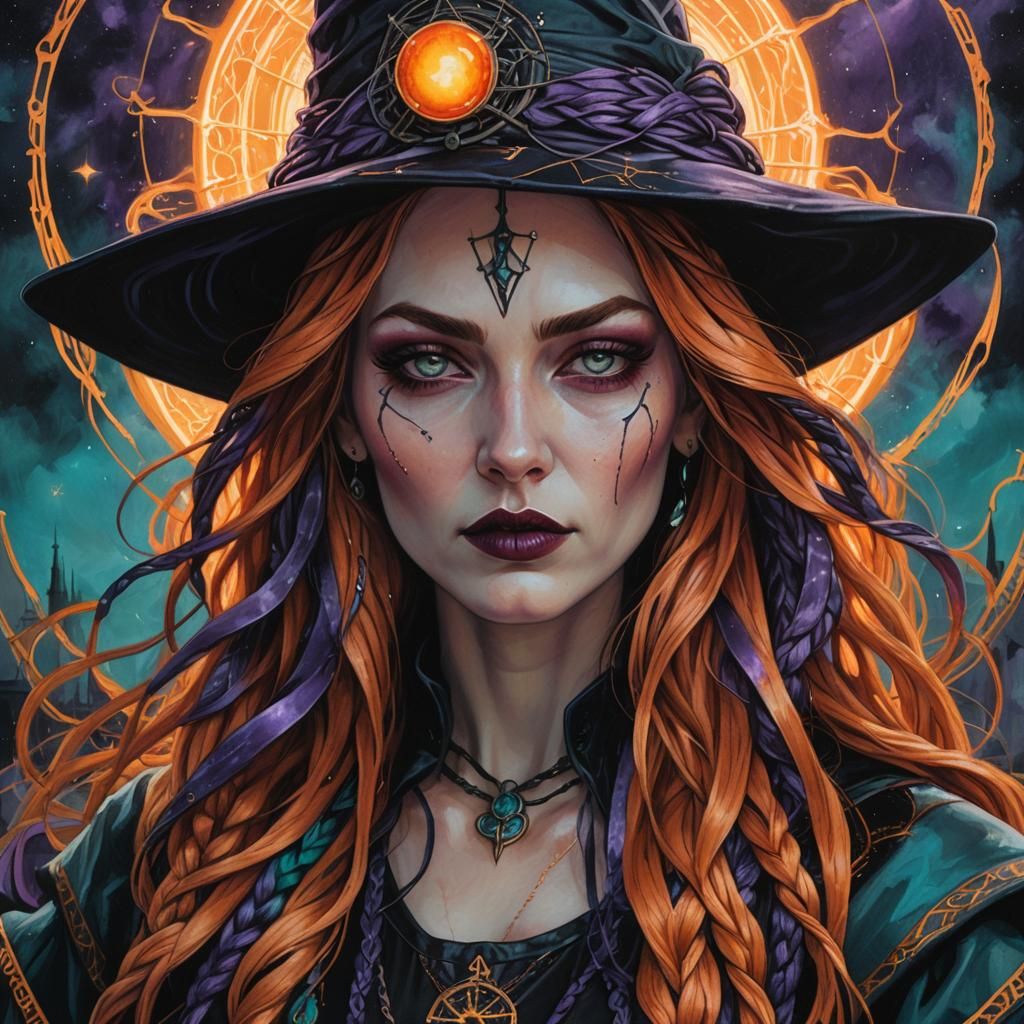 Gothic Cyberpunk Tarot Card: The Fiery Witch