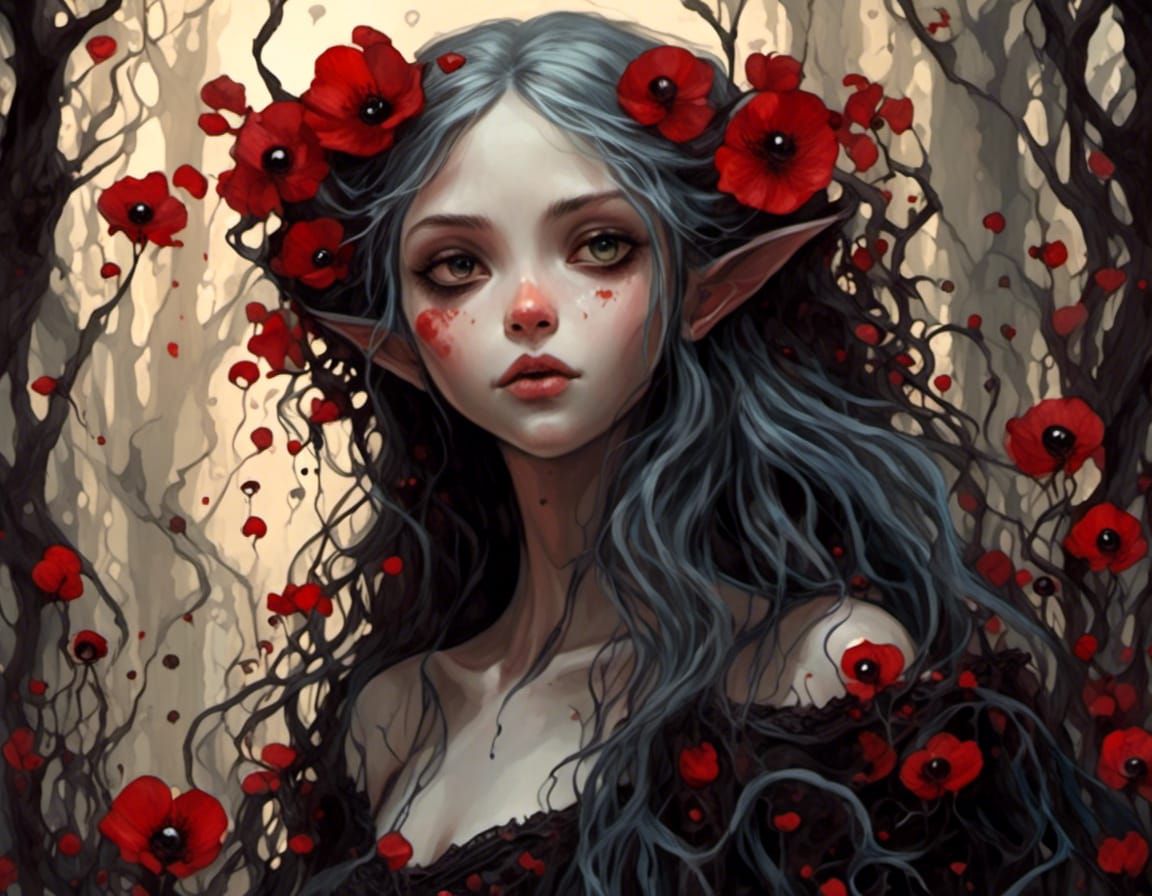 Eerie Elf with Bioluminescent Flowers in Dark Fantasy