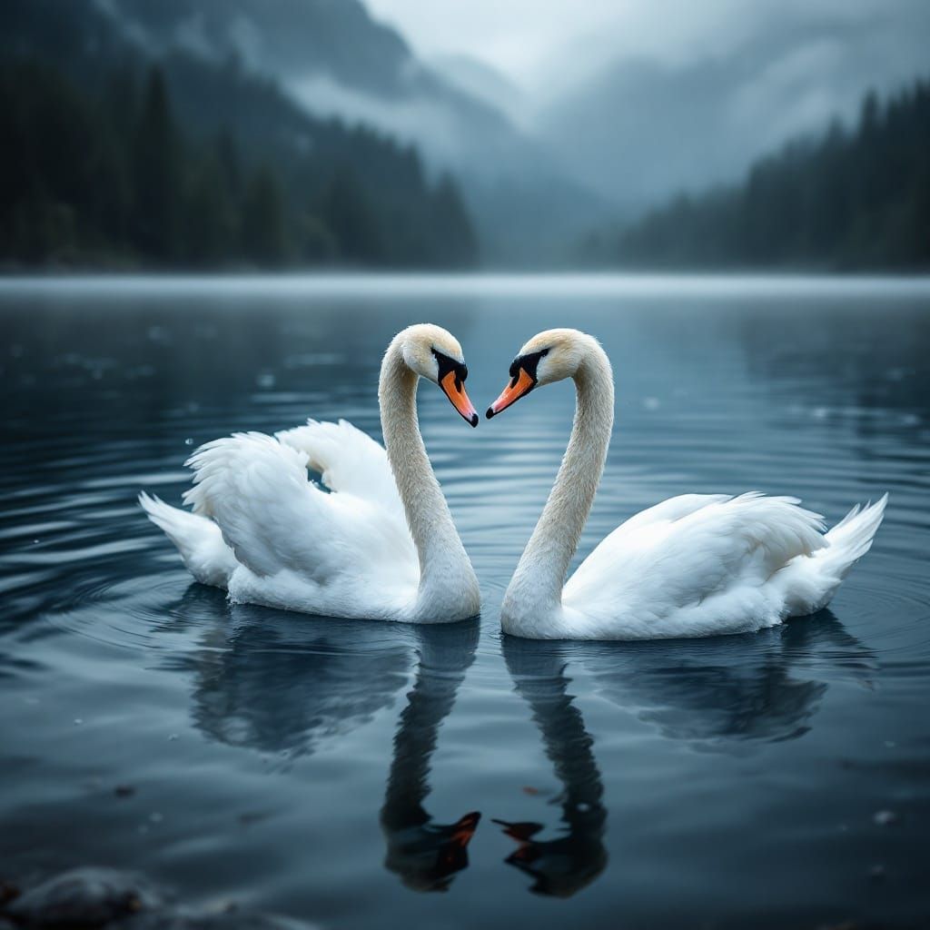 Elegant Swans Swimming: Hyperrealistic HDR Lake Scene