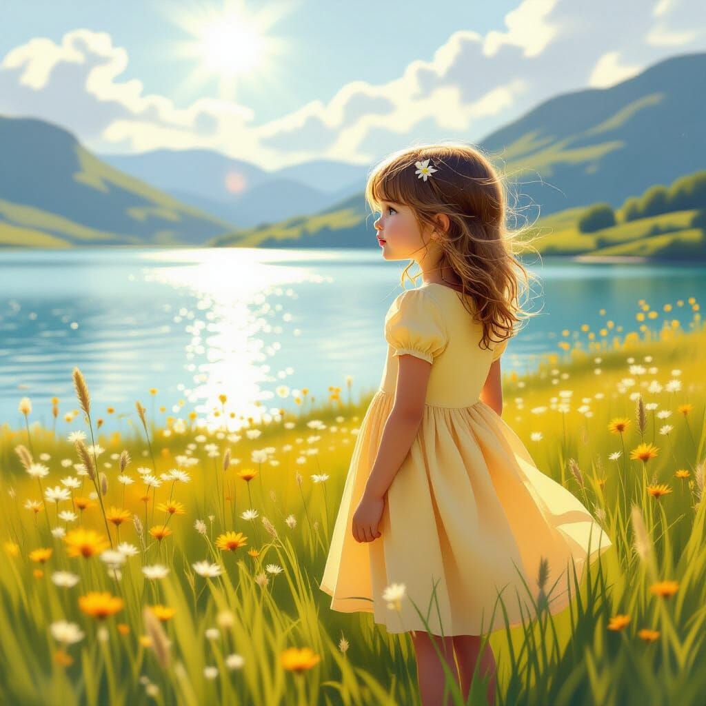 Young Girl in Sun-Drenched Meadow, Modern Fantasy Art