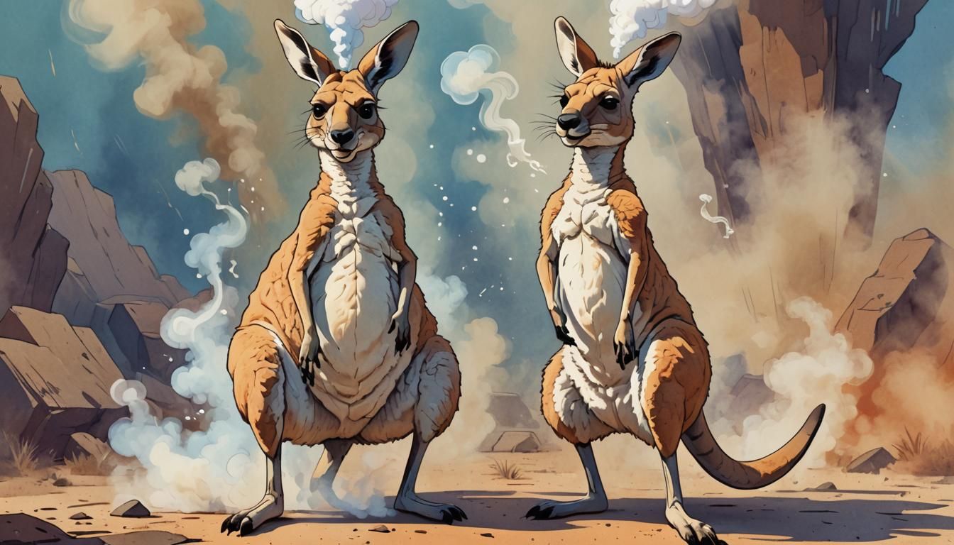 Cartoon Kangaroo Emitting Smoke in Playful Style