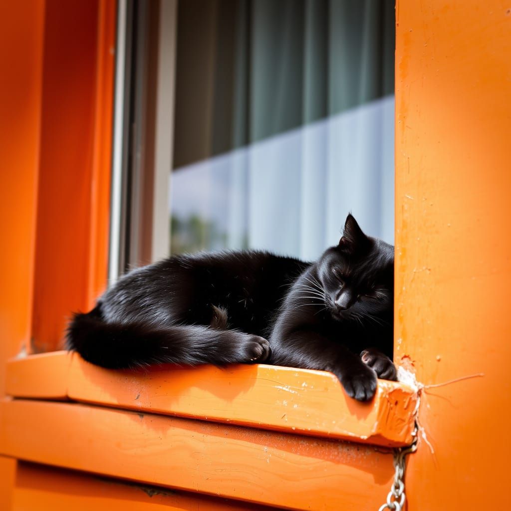 Whiskered Feline Slumbers on Warm Window Seat