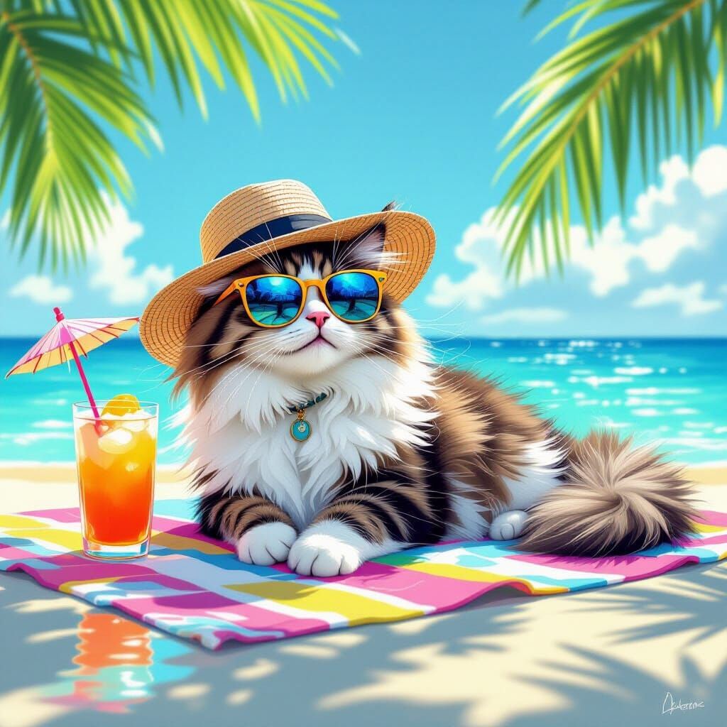 Cool Cat Lounging Poolside in Cartoon Realism