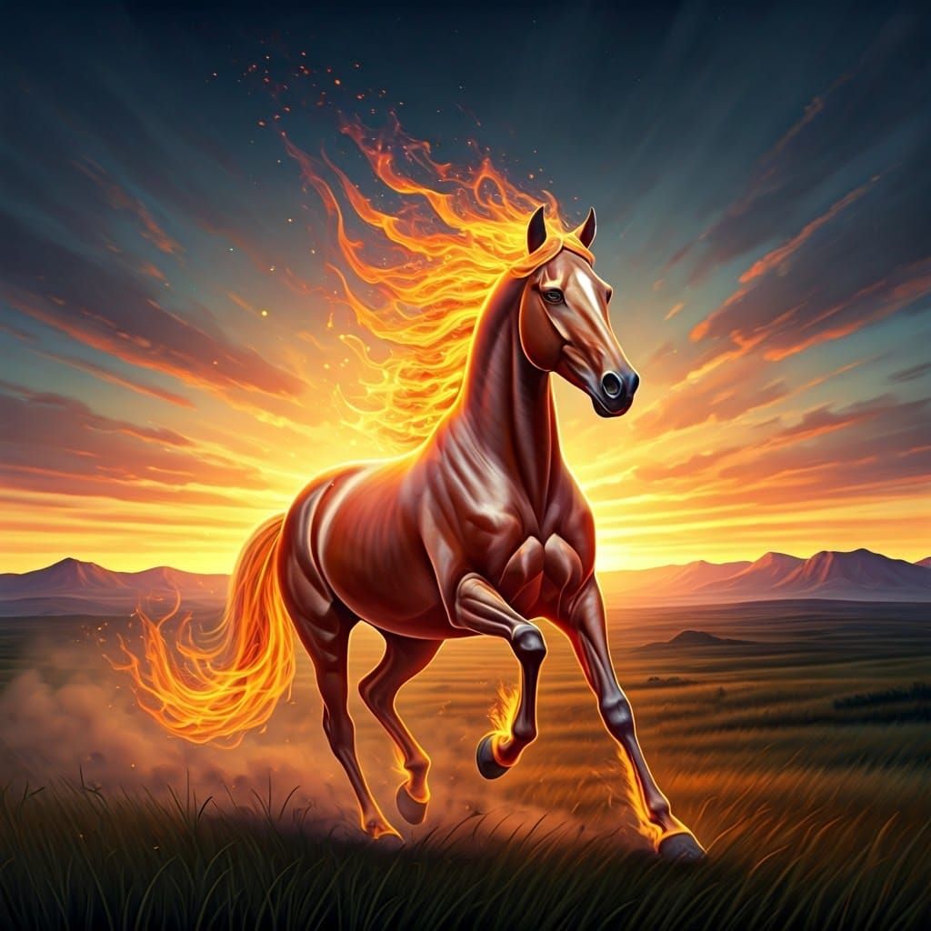 Fiery Horse Gallops Across Prairie in Dreamlike Style