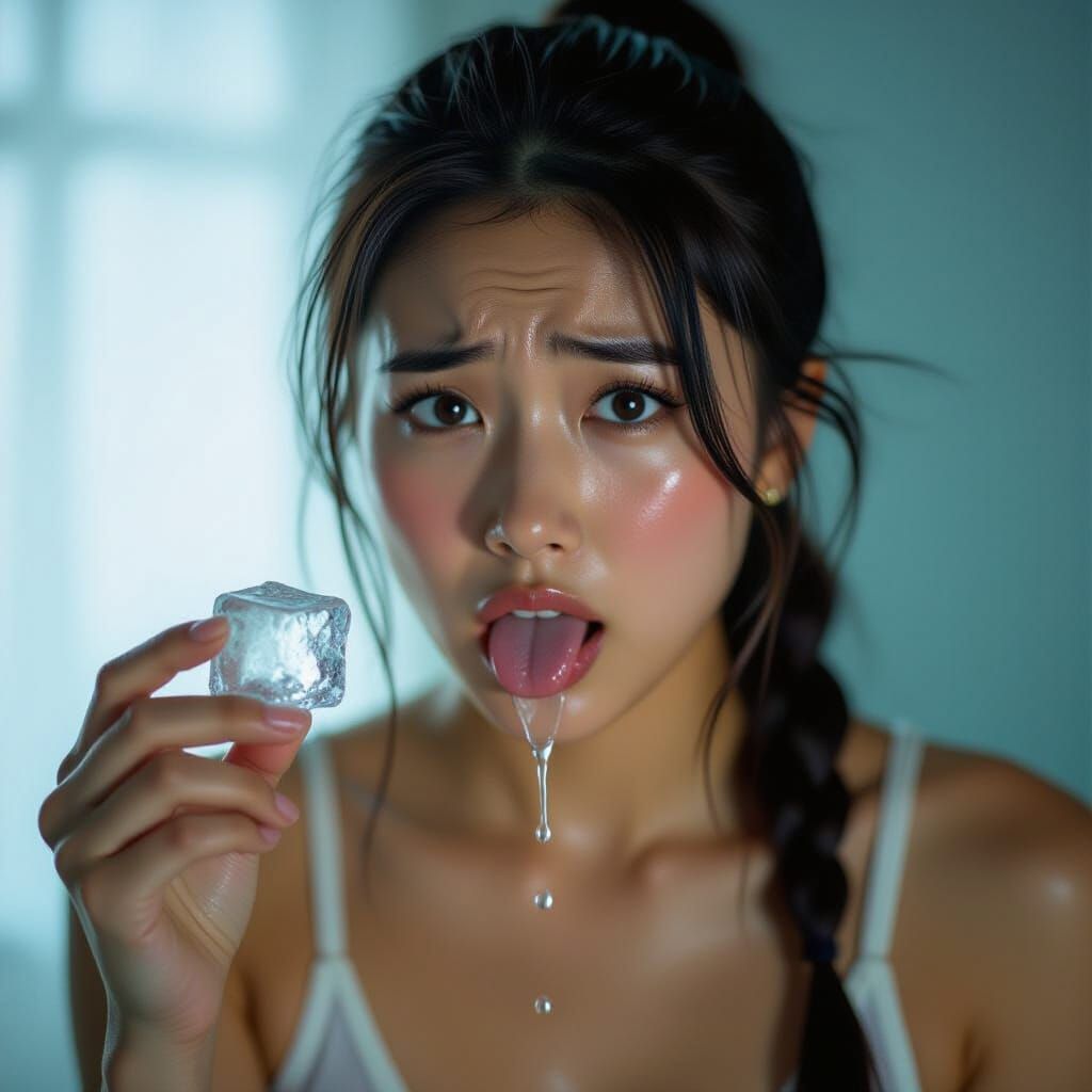Girl with Ice Cube: Hyperrealistic Cinematic Portrait