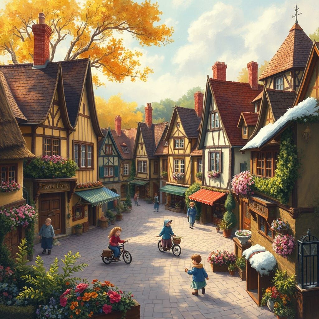 Whimsical Town Square in Vibrant Seasonal Harmony