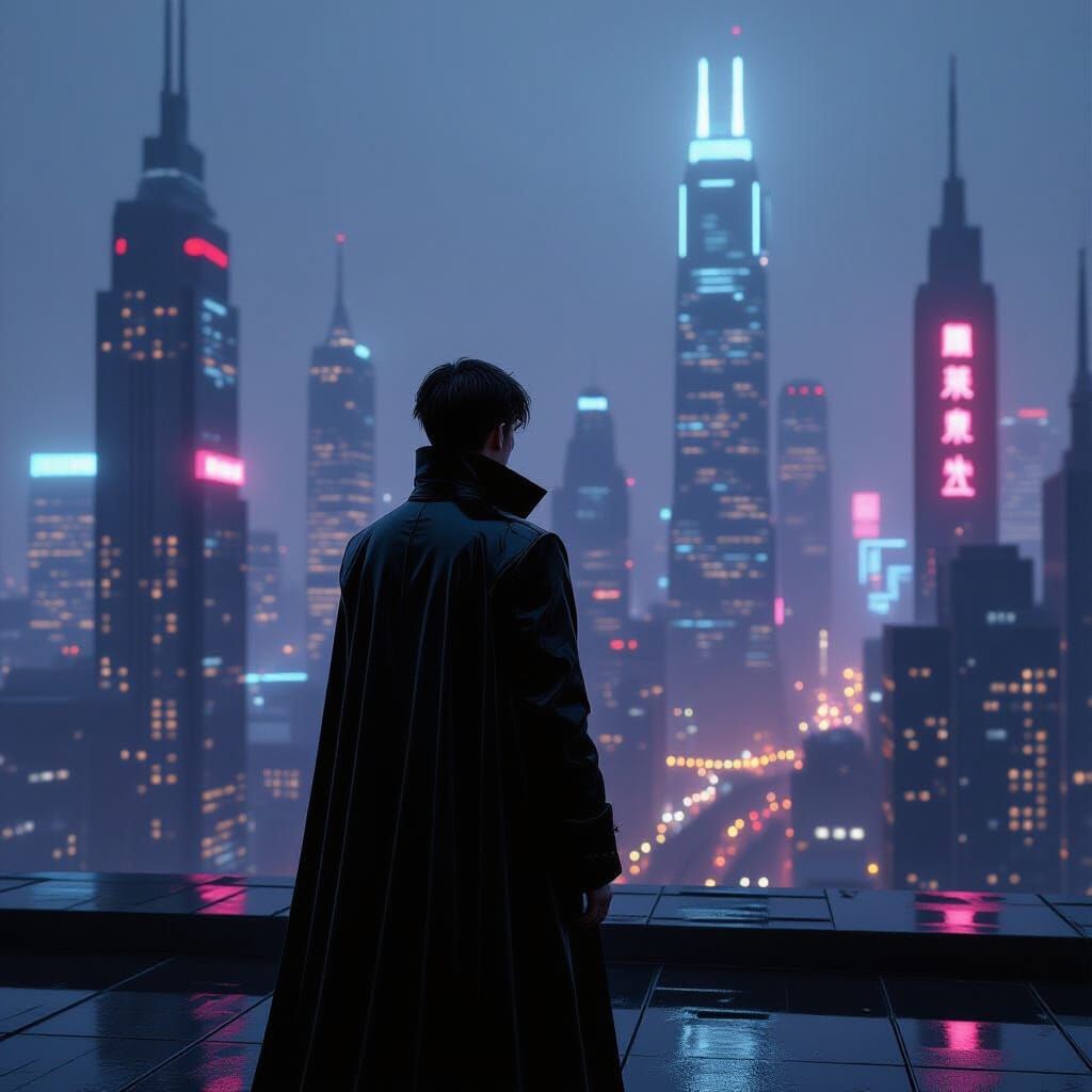 Fashion Designer in Futuristic Metropolis on Rooftop