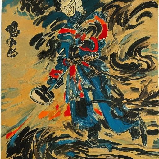 Samurai in 1950s Fashion, Expressionist Painting