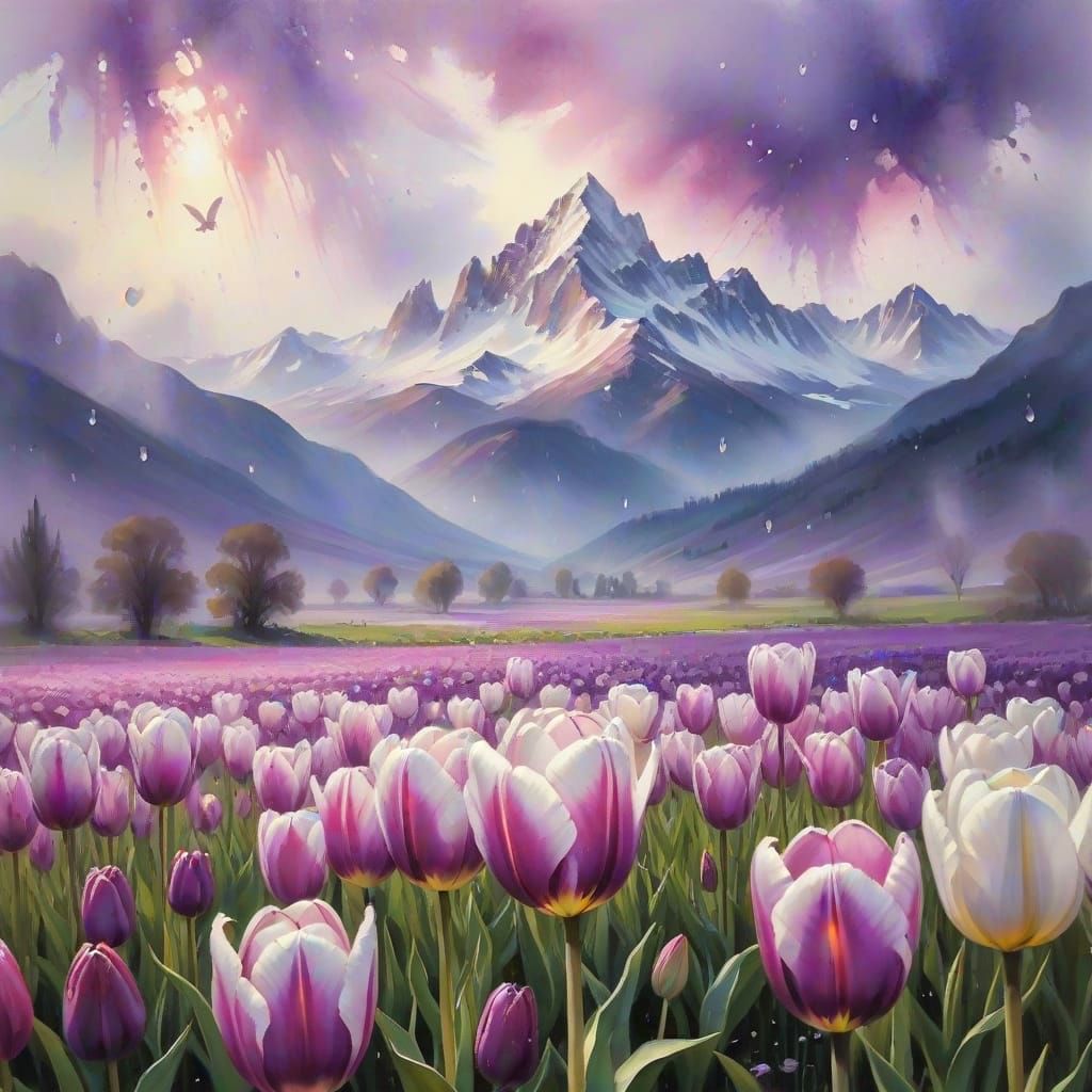 Surreal Watercolor Scene of Lavender Rain and Tulips
