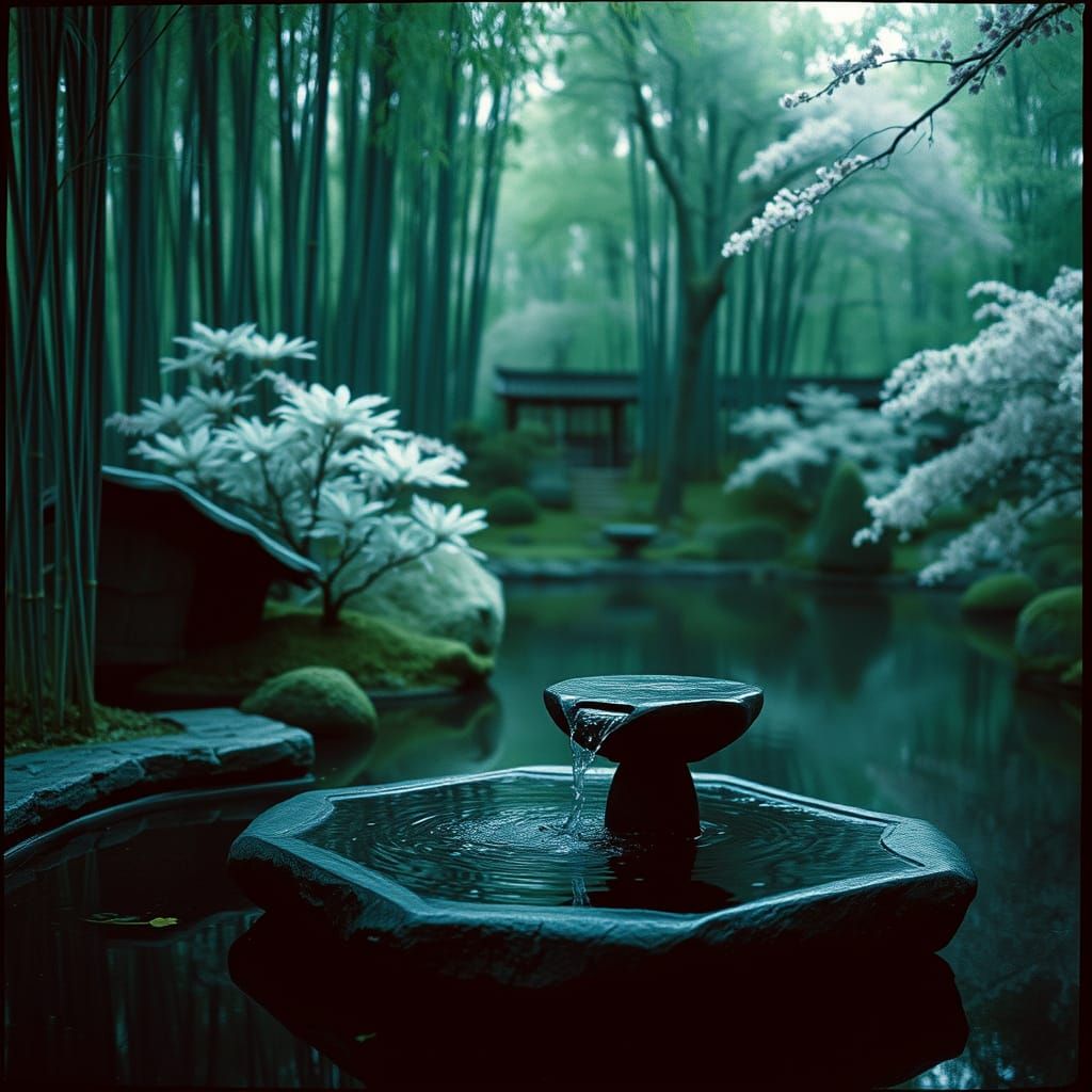 Zen Garden with Minimalist Fountain in Film Still Style