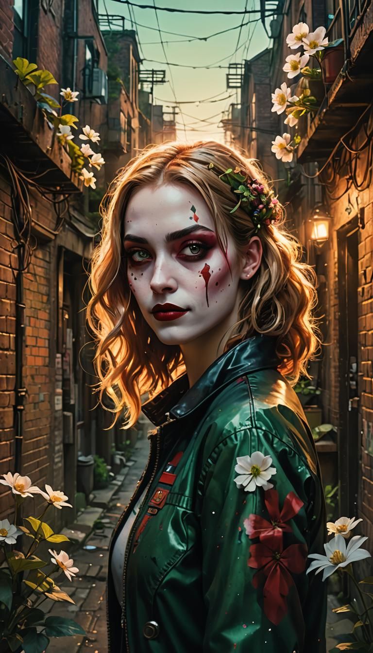 Cyberpunk Harley Quinn Portrait with Folk Art Elements