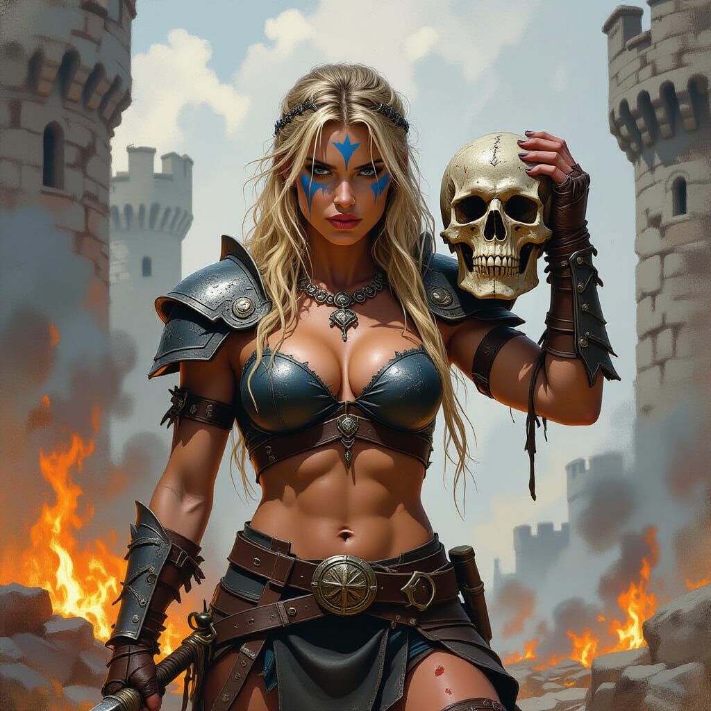 Barbarian Queen with Severed Head, Dramatic Fantasy Art