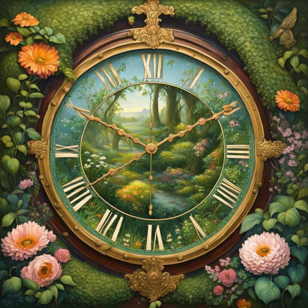 Impressionistic Clock Interior with Lush Greenery