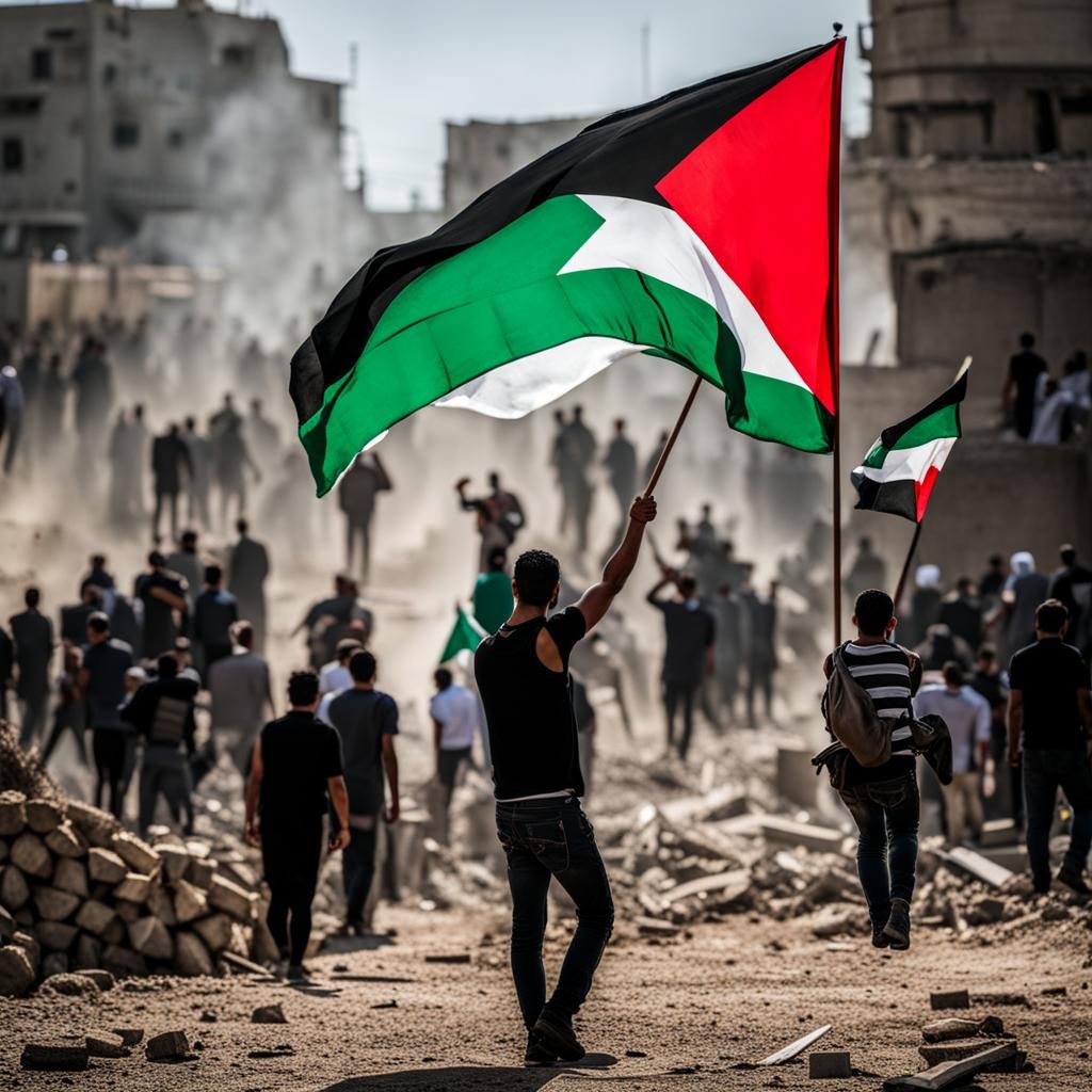 Palestinian Man Holds Flag High