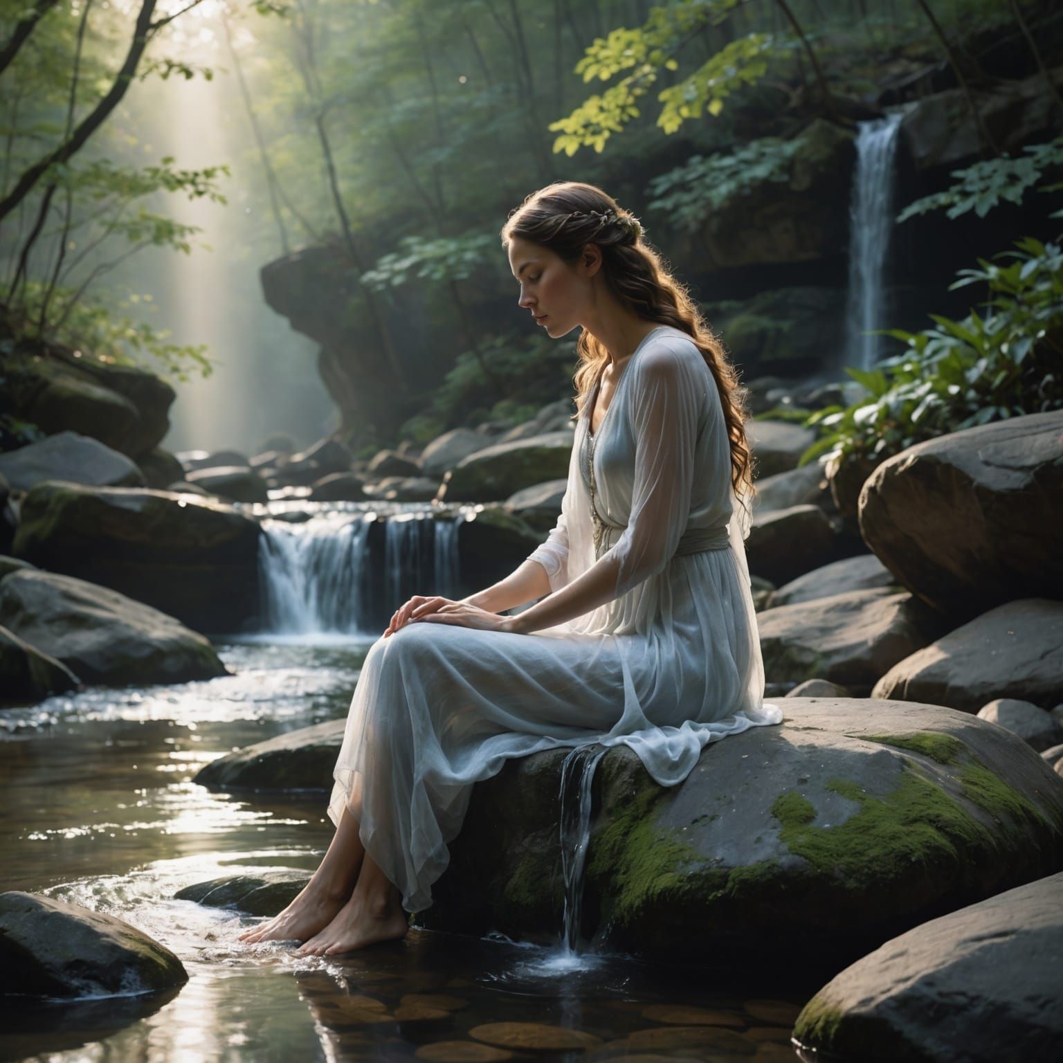 Ethereal Water Figure on Rock Ledge