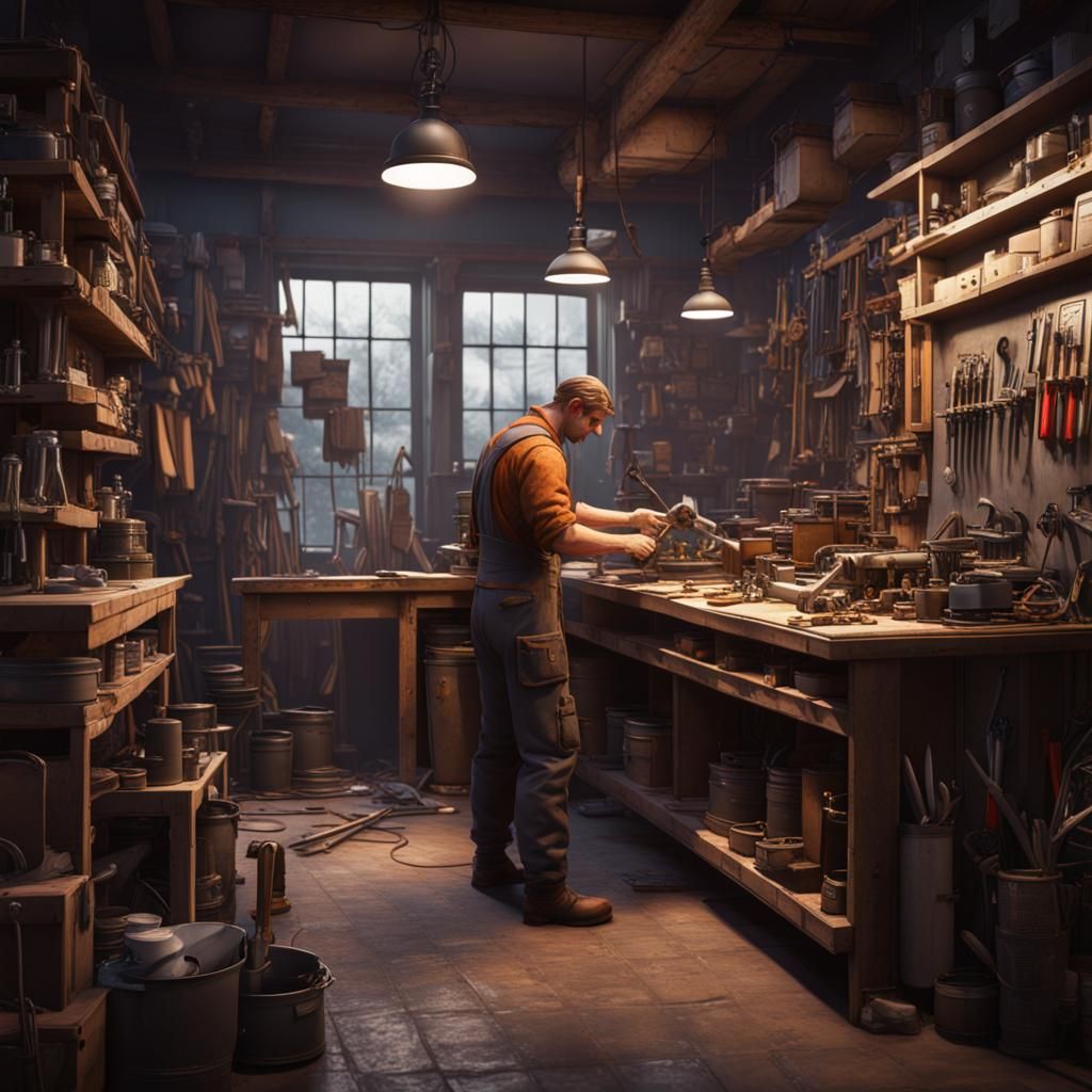 Hardware Store Boss Repairs Tools, Detailed Matte Painting