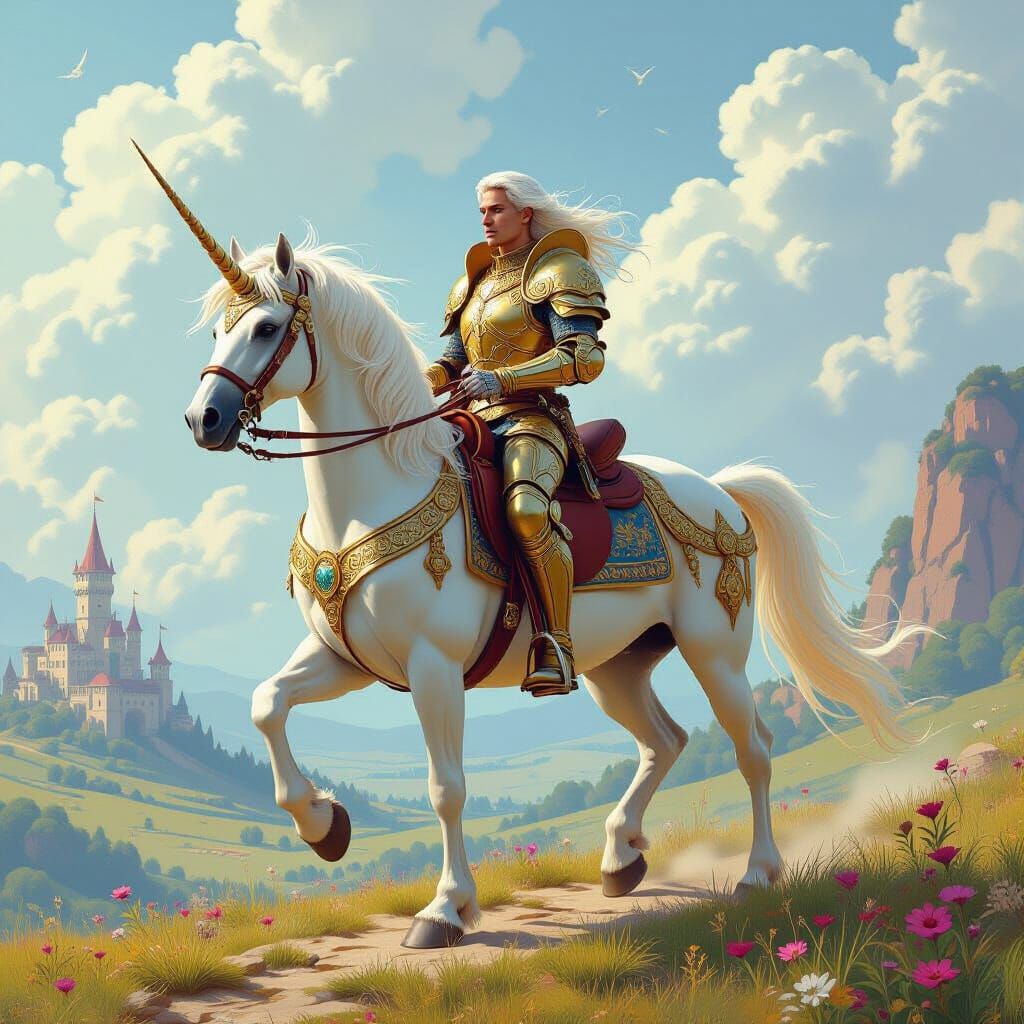 Golden Retriever Knight Riding Unicorn in Dreamy Landscape