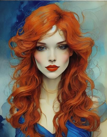 Red-Haired Girl in Blue Dress, Ink Drawing