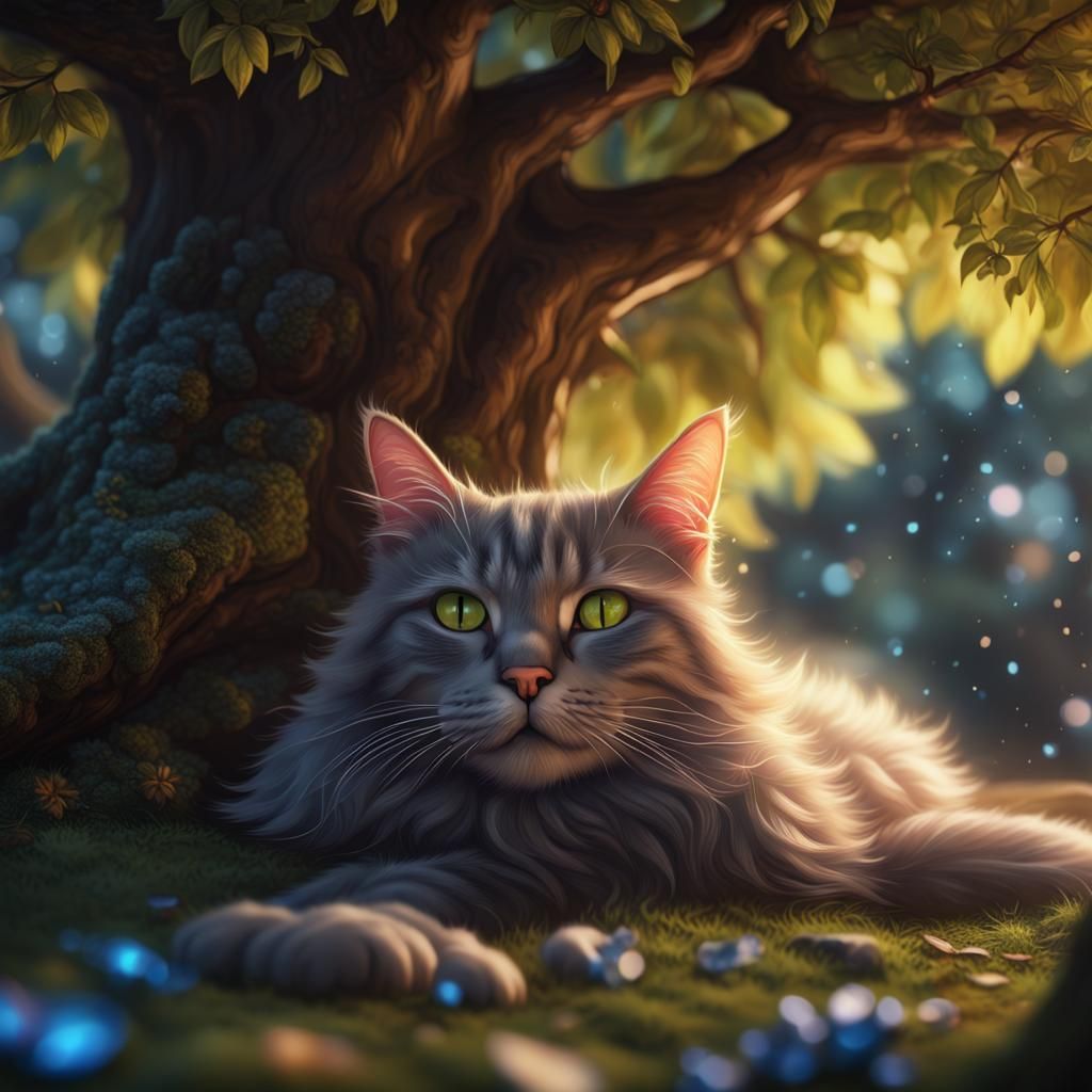Cat Sleeping Under Tree: Detailed Matte Painting