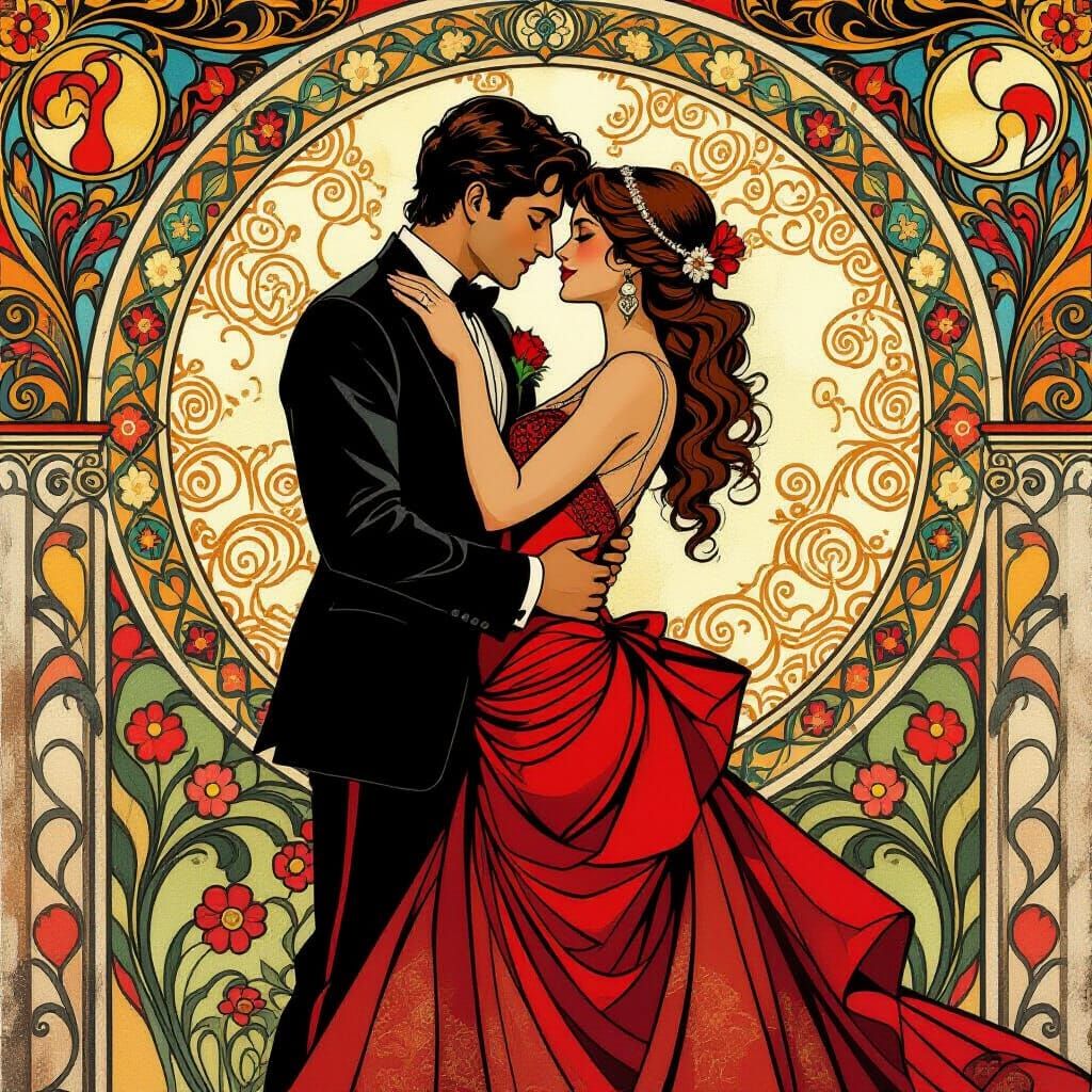 Passionate Couple Dancing in Art Nouveau Style