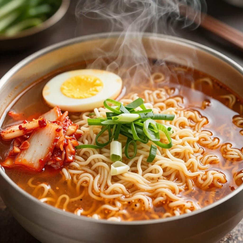 Steaming Bowl of Korean Ramen in Hyperrealistic Style