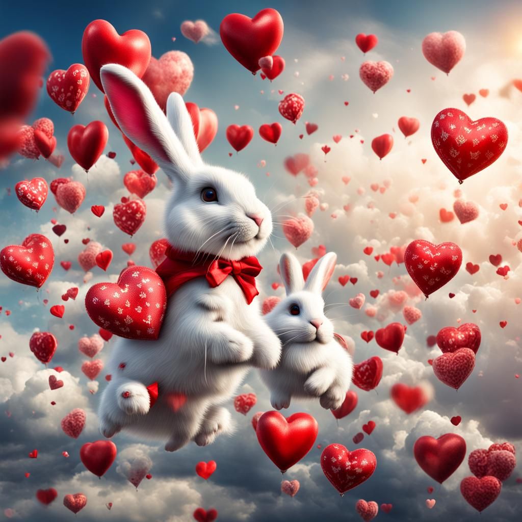 Valentine's Day Sky with Hearts and Rabbit