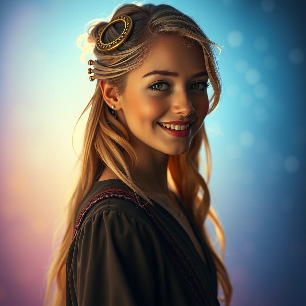 Ethereal Portrait of Golden-Haired Woman in Art Nouveau Styl...