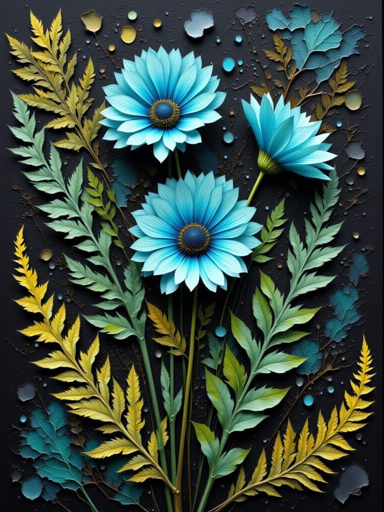 Mixed Media Ferns and Daisies in Impasto Style