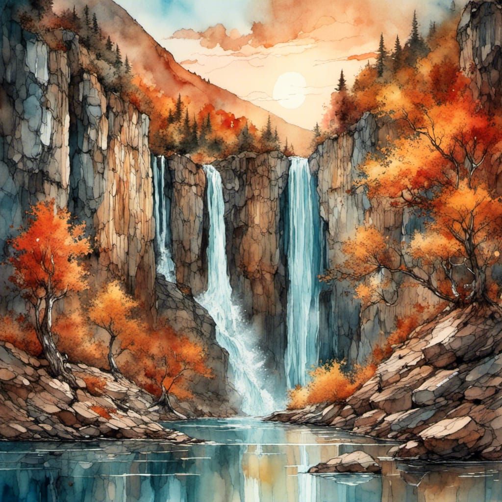 Watercolor and Alcohol Ink :  Tall Cliffside Waterfall Flowi...
