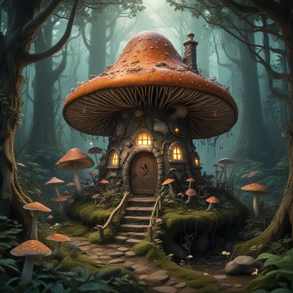 Surreal Forest Scene with Glowing Mushroom House in Whimsica...