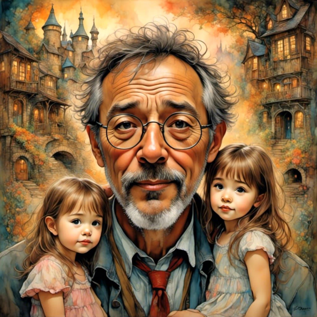 Father and Daughters: Ghibli-Style 3D Illustration