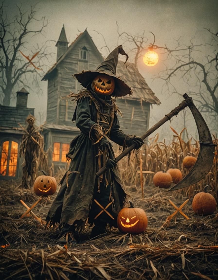 Menacing Scarecrow in Misty Cornfield: Classic Horror