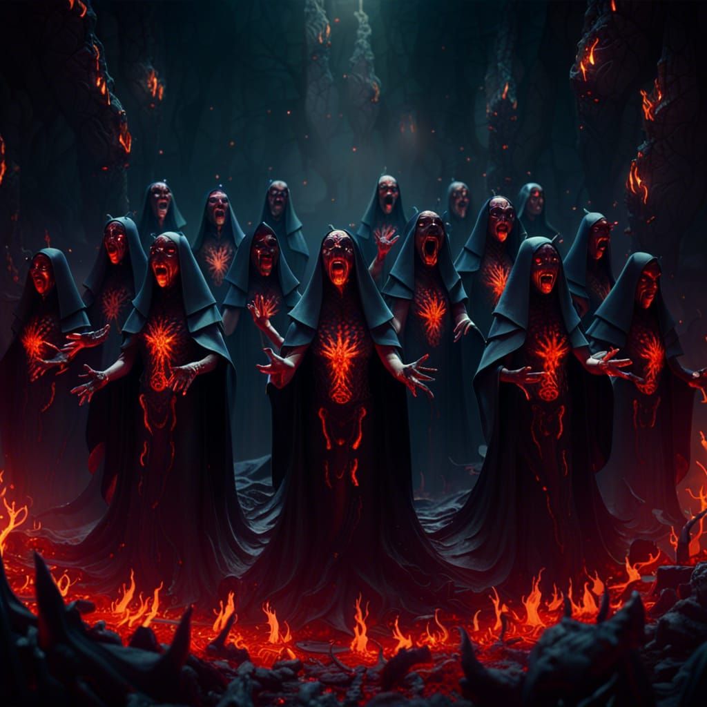 Demonic Nuns Choir in Hell: Detailed Matte Painting