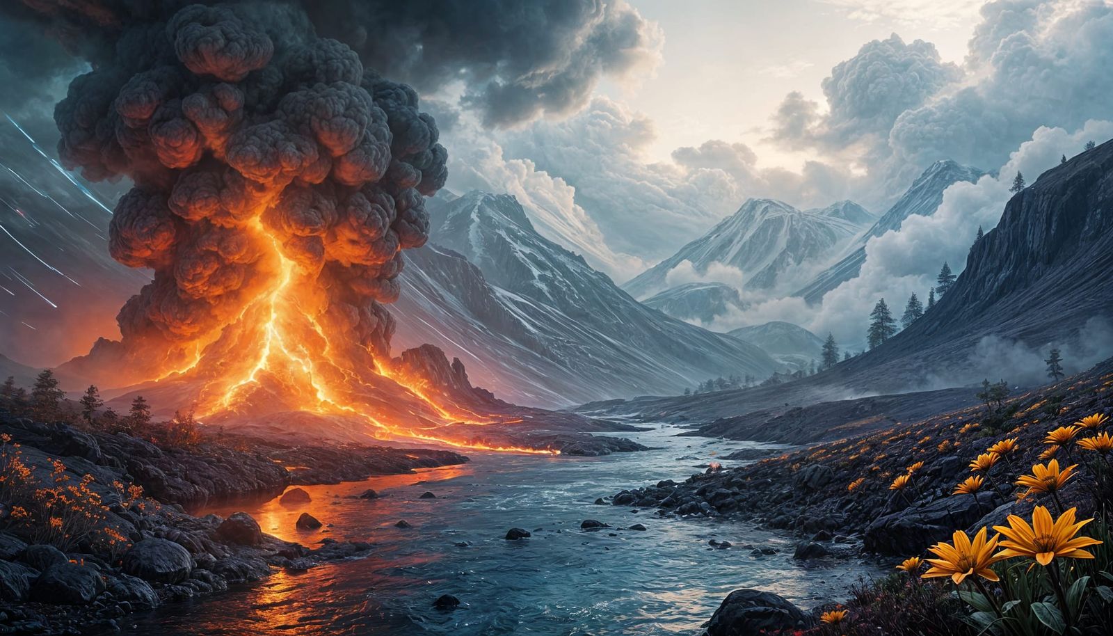 Dramatic Fire and Ice Landscape in Dark Fantasy Style