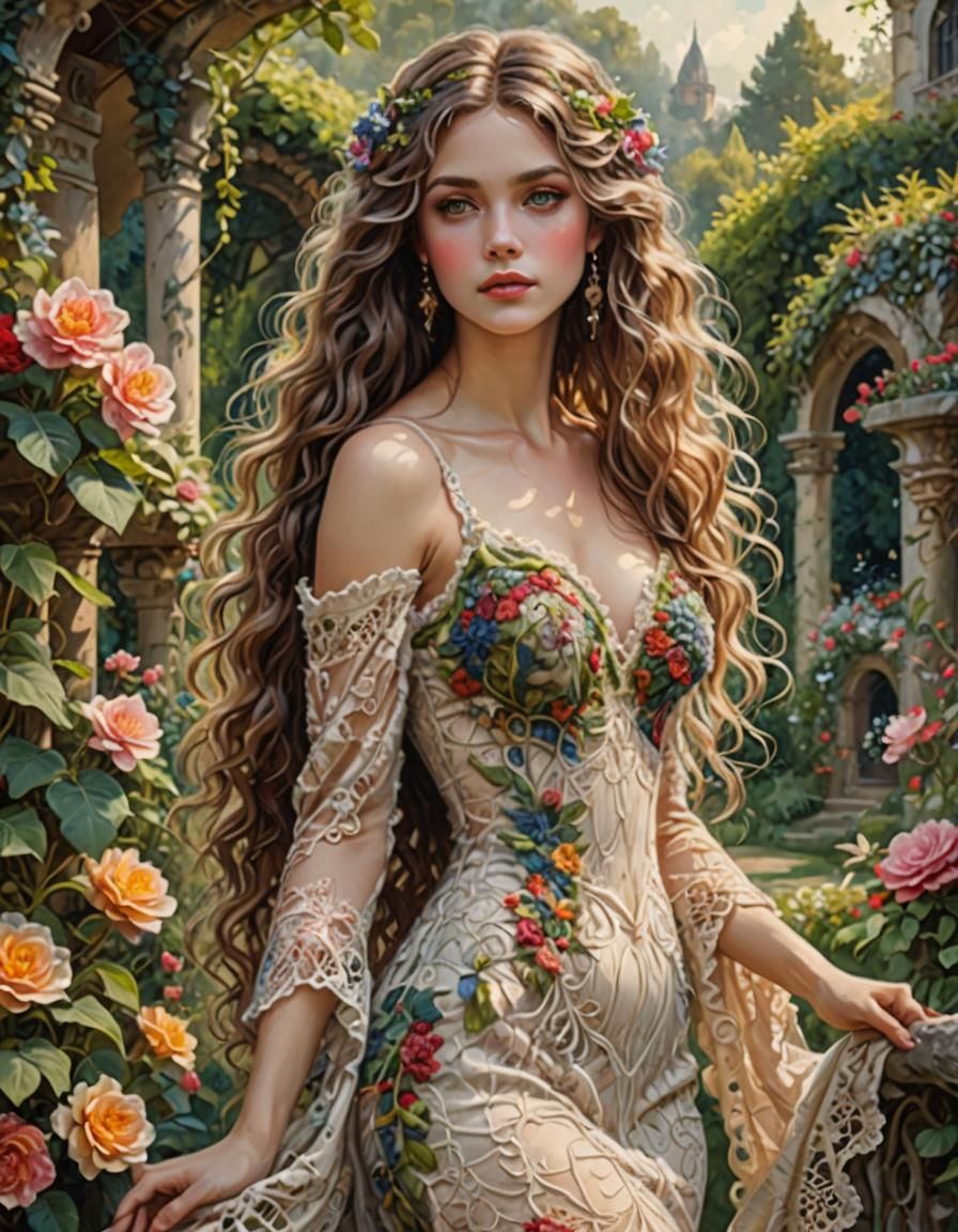 Whimsical Woman in Crochet Gown, Masterpiece Illustration