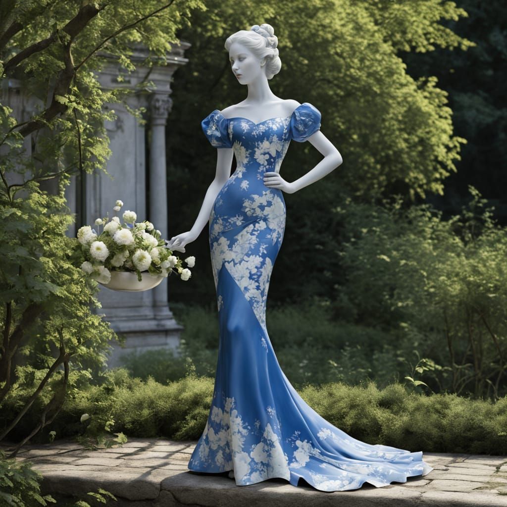 Sensual Woman in Detailed Blue and White Porcelain