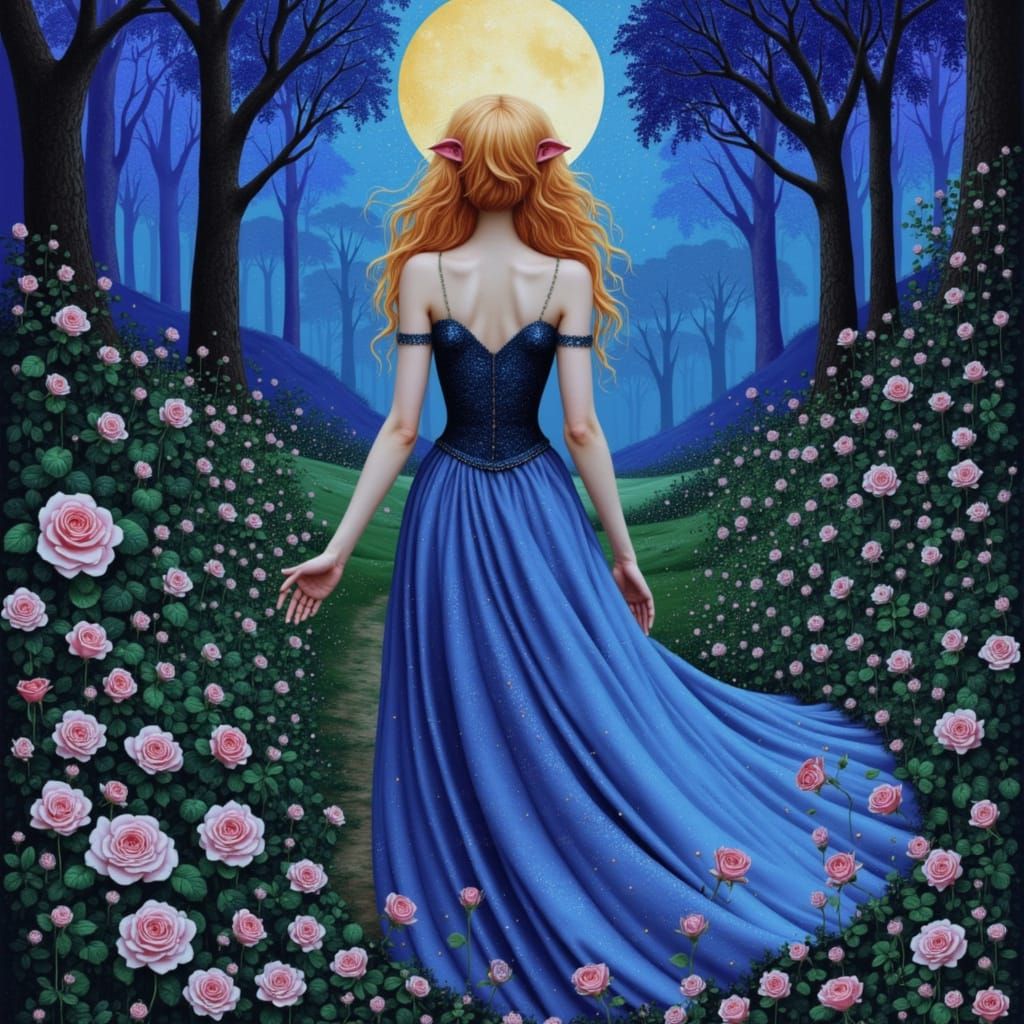 Elven Queen in Bioluminescent Rose Garden, Art Nouveau Style