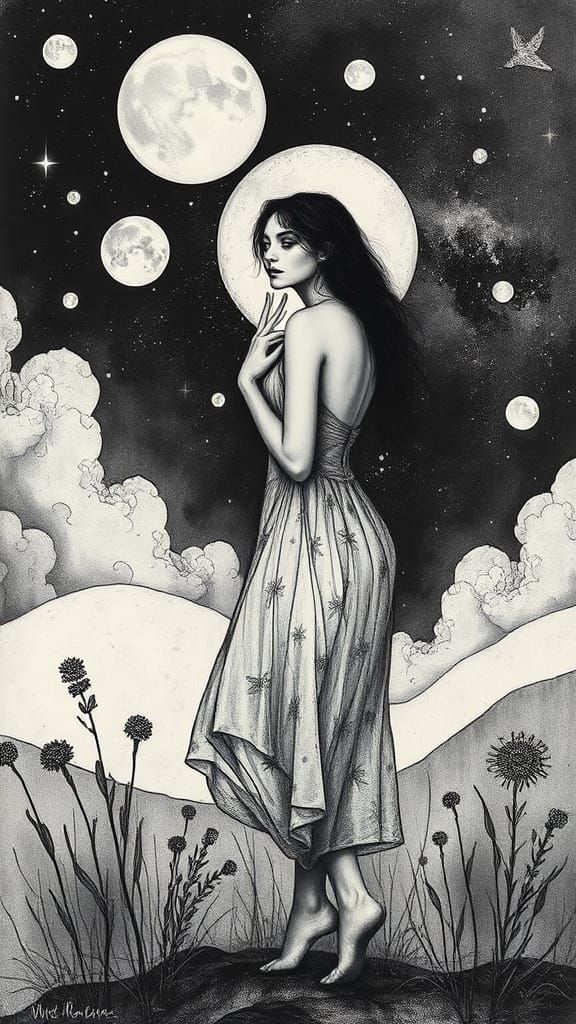 Dreamlike Celestial Scene in Black and White with Paul Klee-...